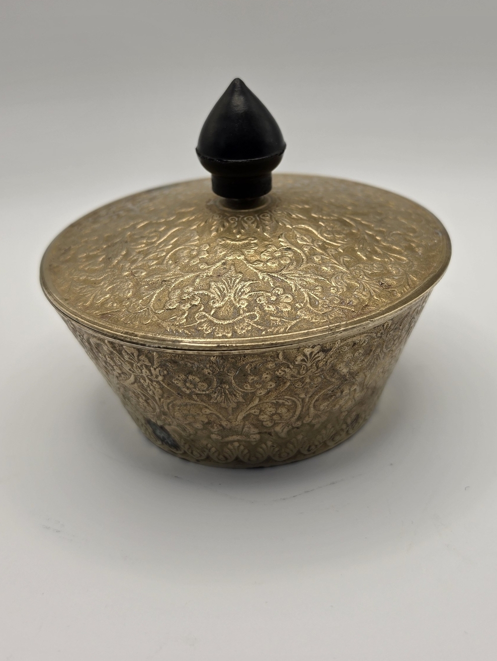 Vintage Brass Lidded Trinket Box Hand Etched Floral Indo-Persian Mughal